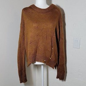 Olivaceous Sweater Crew Distressed Assymetrical Boxy Slouchy Comfy Cozy Brown